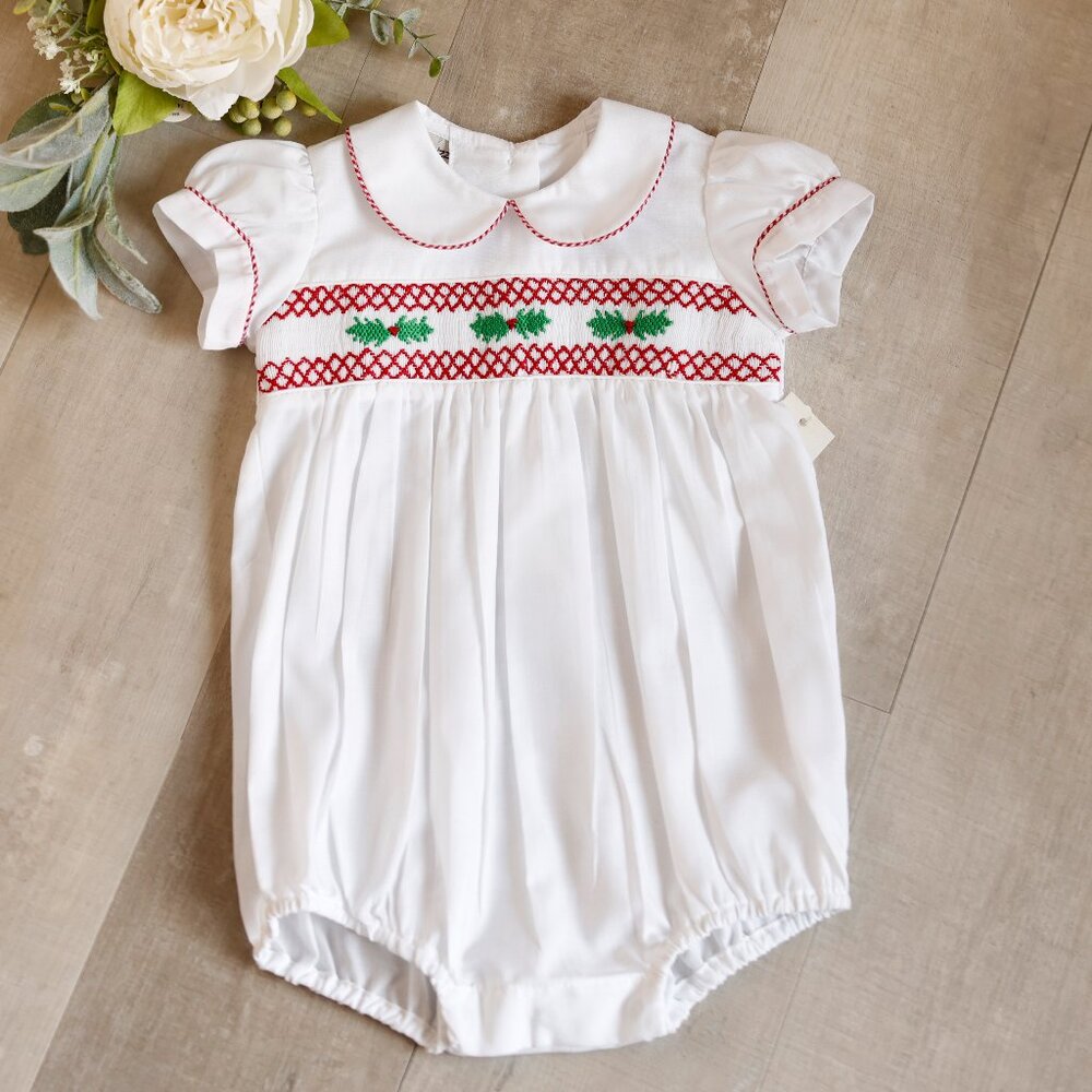 White Smocked Bubble Holly Berry Red Trim Size 9/12 Months Boutique NWT